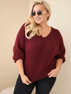 Dámský svetr Plus Size s výstřihem do V a širokým rukávem bordó