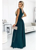 467-1 LOUISE dlhé brokátové šaty s výstrihom a rozparkom na nohách - BUTTER GREEN 467-1 LOUISE dlhé brokátové šaty s výstrihom a rozparkom na nohách - BUTTER GREEN