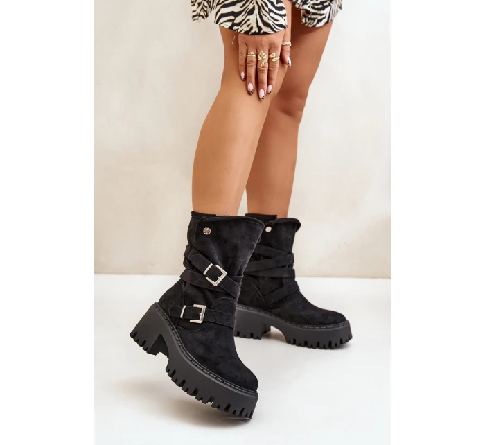 Botki Damskie Na Masywnym Obcasie Z Klamrami I Paskiem Czarne Nerelisa Botki Damskie Na Masywnym Obcasie Z Klamrami I Paskiem Czarne Nerelisa