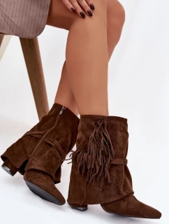 Dámske členkové čižmy s lemovaným podpätkom a zlatými prackami Evelisse - hnedé