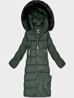 Dámska dlhá zimná bunda s kapucňou fľaškovo zelená (7688)