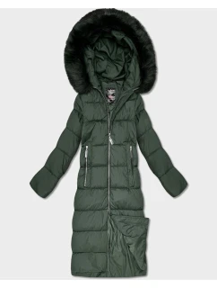 Dámska dlhá zimná bunda s kapucňou fľaškovo zelená (7688)