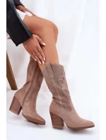 Dámske perforované čižmy v kovbojskom štýle so stĺpcovým podpätkom S.Barski - béžové, ekokoža Dámske perforované čižmy v kovbojskom štýle so stĺpcovým podpätkom S.Barski - béžové, ekokoža