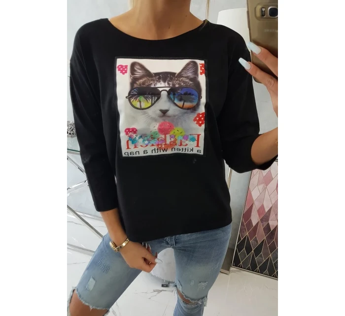 Halenka s 3D grafikou kočky černá