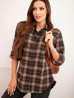 Dámská kostkovaná bavlněná košile s delším zadním dílem hnědá + camelový