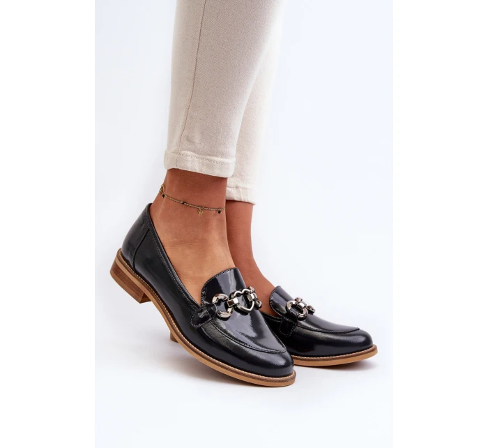 Skórzane Damskie Lakierowane Mokasyny Laura Messi 2760 Granatowe