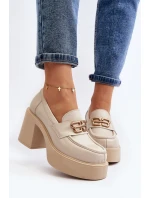 Zazoo 20170 Półbuty Skórzane Damskie Na Słupku Jasnobeżowe