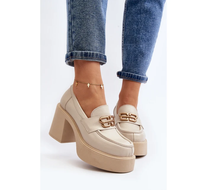 Zazoo 20170 Półbuty Skórzane Damskie Na Słupku Jasnobeżowe