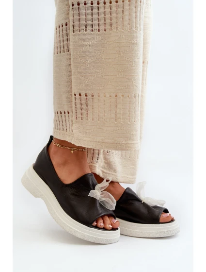 Zazoo 2939 Skórzane Sandały Damskie Z Kokardką Czarne