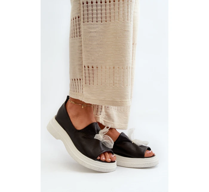 Zazoo 2939 Skórzane Sandały Damskie Z Kokardką Czarne