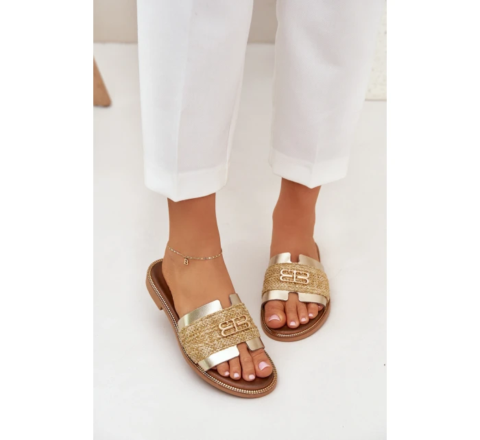 Skórzane Klapki Z Ozdobnym Detalem I Plecionką Zazoo 40426 Złote