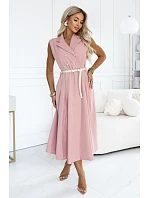 596-6 Elegantná midi košeľa so zlatými gombíkmi a opaskom – pudrovoružová 596-6 Elegantná midi košeľa so zlatými gombíkmi a opaskom – pudrovoružová