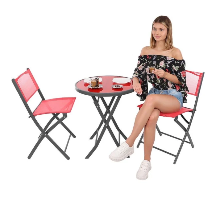 BALKÓNOVÝ NÁBYTOK SADA OKRÚHLY STÔL A 2 SKLADACIE STOLIČKY ČERVENÁ