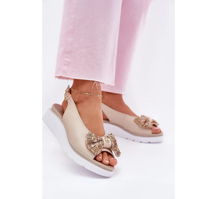 Skórzane Sandały Damskie Na Koturnie Z Kokardą Zazoo 1882 Beżowe