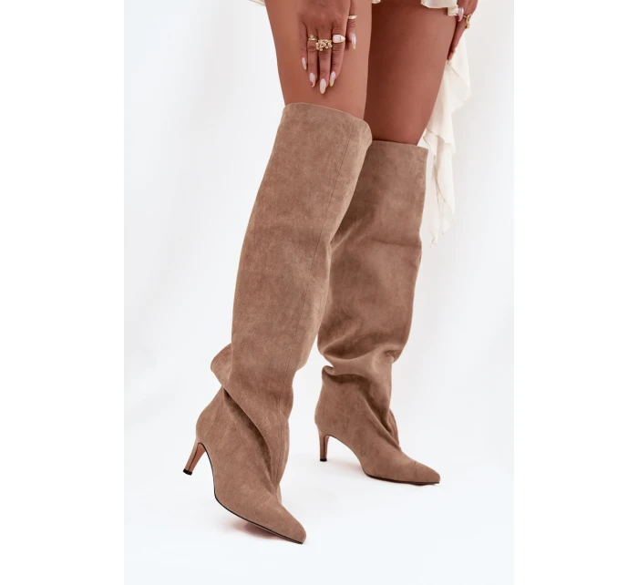 Kozaki Damskie Na Szpilce Wsuwane Beżowe Mavilla