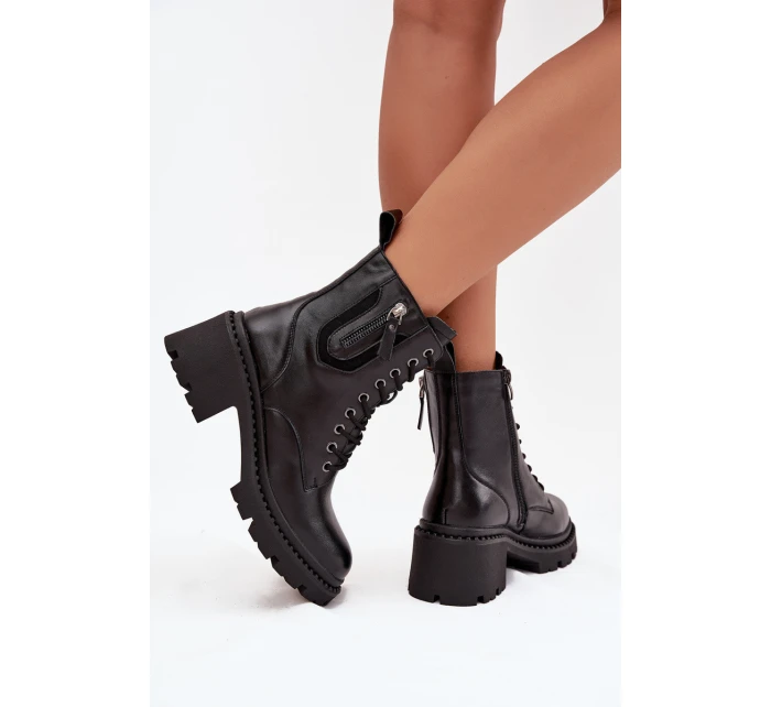 Skórzane Botki Damskie Na Klocku Ocieplane Vinceza 86418 Czarne