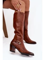 Kožené Kozačky Na Podpatku S Přezkou Zateplené model 21772427 Hnědé - Zazoo