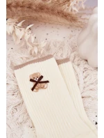 Bavlnené rebrované ponožky s medvedíkom - ecru