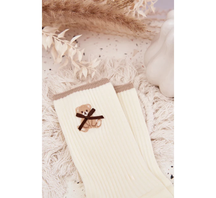 Bavlnené rebrované ponožky s medvedíkom - ecru