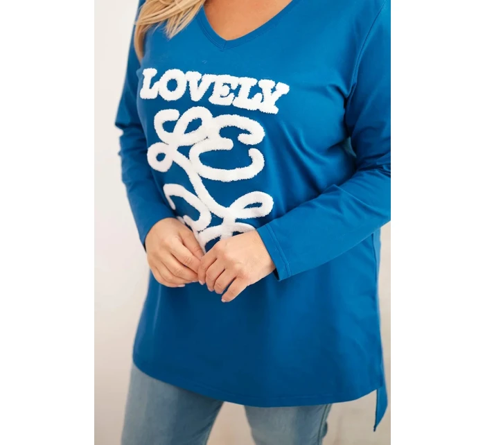 Dámská blůza Plus Size bavlněná s nápisem a výstřihem do V chabrová