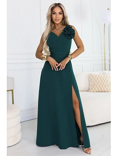 maxi šaty s květinou na a rozparkem lahvově zelené model 22108491 - numoco