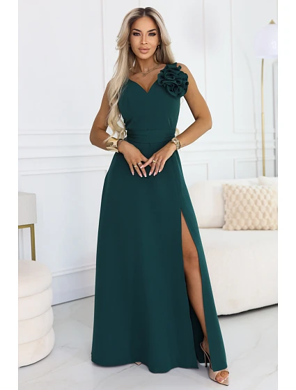 maxi šaty s květinou na a rozparkem lahvově zelené model 22108491 - numoco