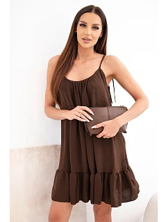 Dámske viskózové šaty bez ramienok s volánom a kravatou hnedej farby