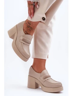 Skórzane Półbuty Na Słupku Z Ozdobą Beżowe Lemar Gelanor