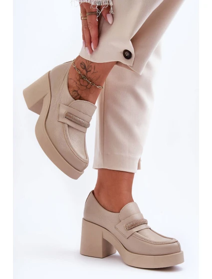 Skórzane Półbuty Na Słupku Z Ozdobą Beżowe Lemar Gelanor Skórzane Półbuty Na Słupku Z Ozdobą Beżowe Lemar Gelanor