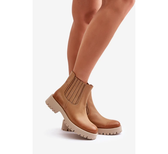 Wsuwane Botki Damskie Na Płaskim Obcasie Skórzane Lewski 3611 Brązowe