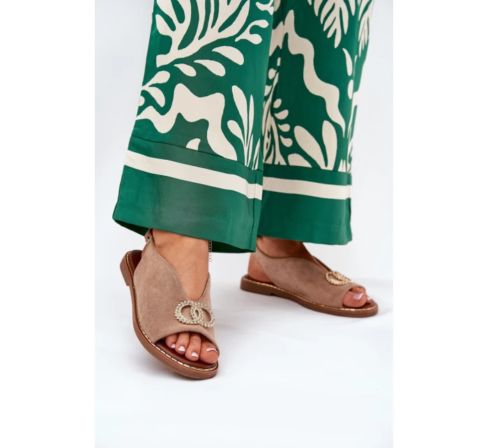 Sandały Damskie Z Ozdobą Na Płaskim Obcasie Eko Zamszowe Ciemnobeżowe Ralisses