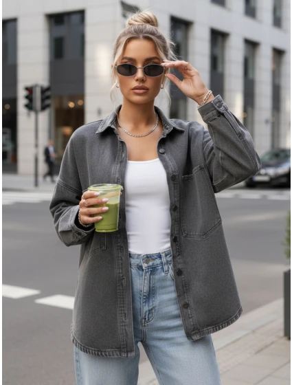 Dámska džínsová oversize košeľová bunda šedá FashionStreet TY5601