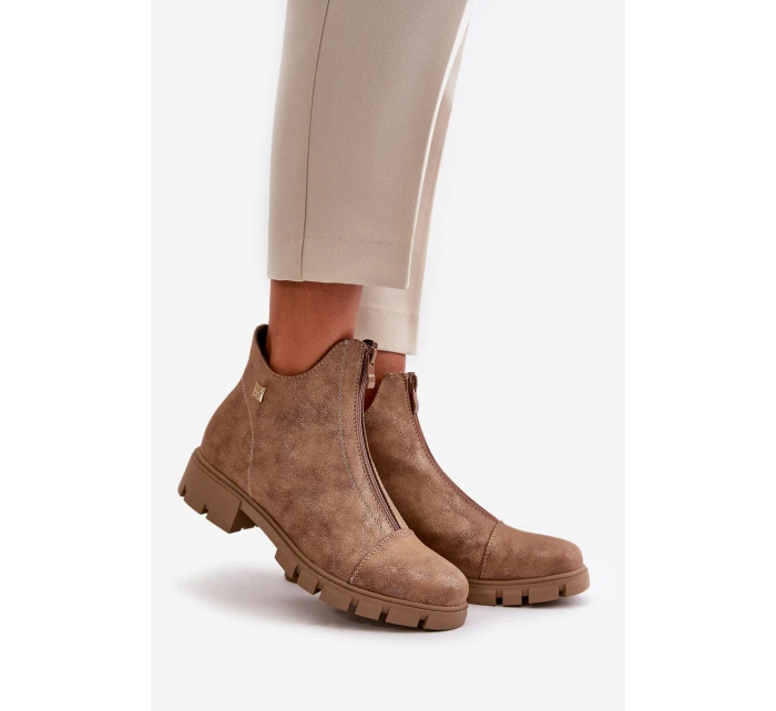 Ocieplane Botki Damskie Z Przetarciami Eko Skórzane Brązowo-Złote Verietta