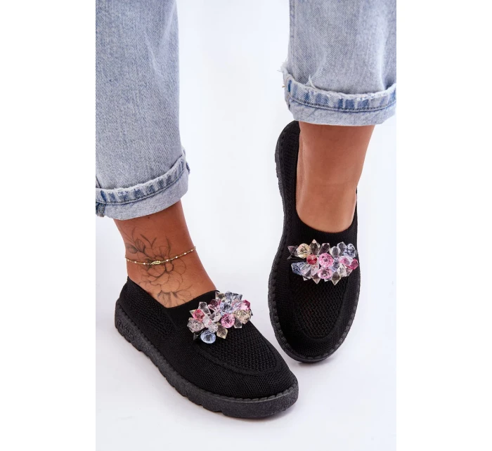 Dámske tenisky Slip-on s kameňmi Black Simple
