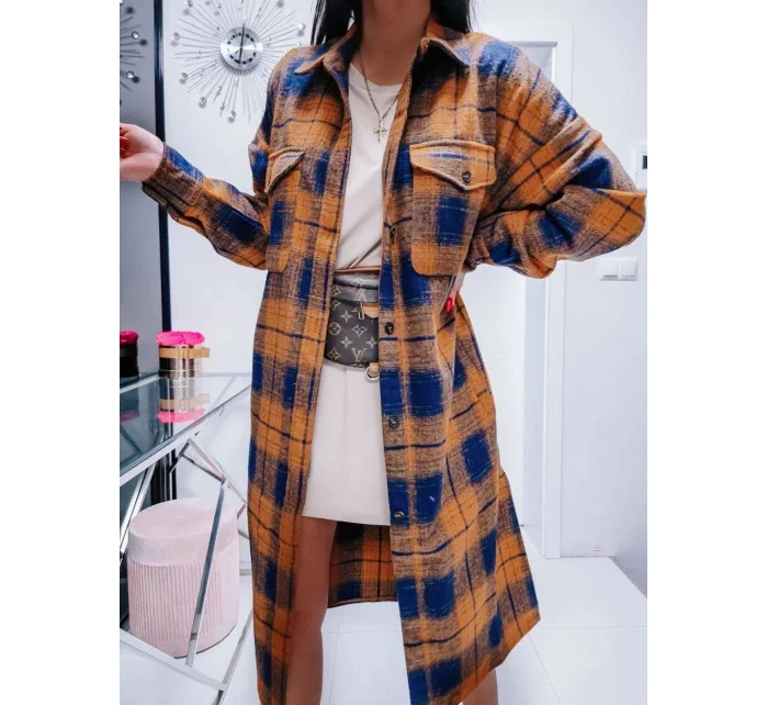 Hnedo-tmavo modrý dámsky károvaný košeľový kabát (8424) Hnedo-tmavo modrý dámsky károvaný košeľový kabát (8424)