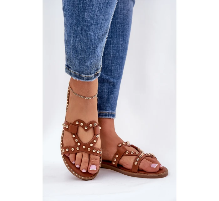 Zdobione Płaskie Klapki Damskie Camel Adivrae