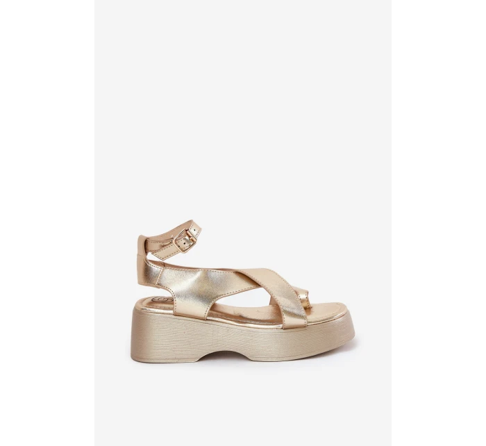 Sandały Damskie Na Platformie I Koturnie Eko Skórzane Złote Tenzorus Sandały Damskie Na Platformie I Koturnie Eko Skórzane Złote Tenzorus