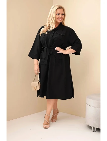 Dámské bavlněné košilové šaty Plus Size s páskem černá
