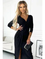 404-6 Dlhé trblietavé šaty s výstrihom a rozparkom na nohách - ČIERNE s trblietkami