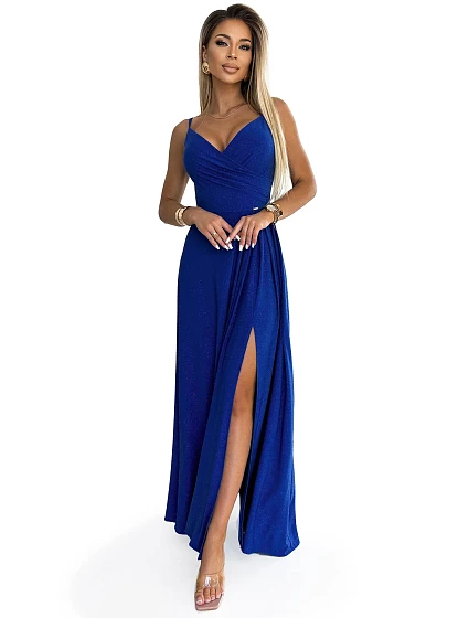 CHIARA Elegantní dlouhé dámské maxi šaty v chrpové barvě s brokátem na ramínkách model 20091452 - numoco CHIARA Elegantní dlouhé dámské maxi šaty v chrpové barvě s brokátem na ramínkách model 20091452 - numoco