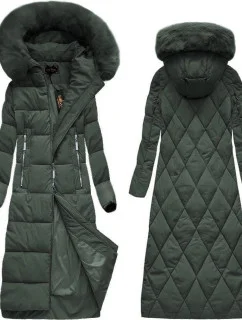 Dámska dlhá zimná bunda vo fľaškovo zelenej farbe s kapucňou (7688BIG)