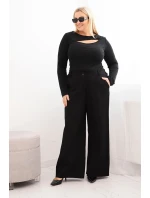 Dámské kalhoty Plus Size se širokou nohavicí a páskem čokoládové Dámské kalhoty Plus Size se širokou nohavicí a páskem čokoládové