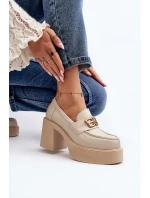 Zazoo 20170 Półbuty Skórzane Damskie Na Słupku Jasnobeżowe