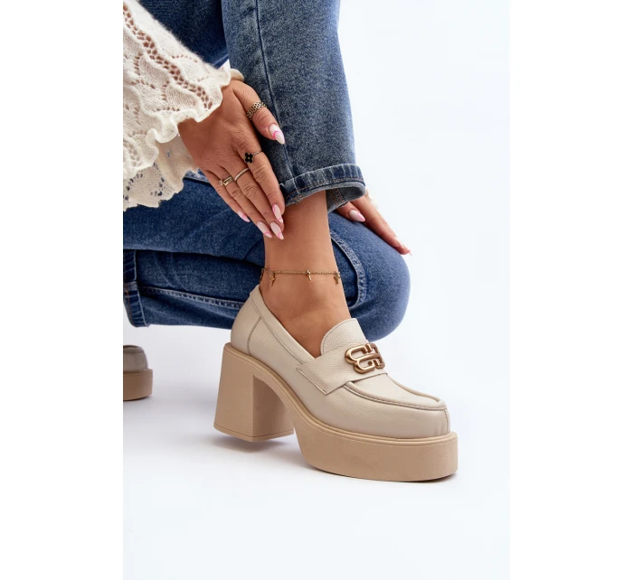 Zazoo 20170 Półbuty Skórzane Damskie Na Słupku Jasnobeżowe