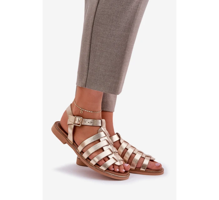 Kožené Sandály Na Plochém Podpatku Zazoo model 21682317 Zlaté - Boto Kožené Sandály Na Plochém Podpatku Zazoo model 21682317 Zlaté - Boto