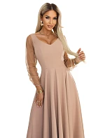 640-4 LORETTA jedinečné dlhé šaty s tylovými rukávmi a výstrihom - béžové 640-4 LORETTA jedinečné dlhé šaty s tylovými rukávmi a výstrihom - béžové