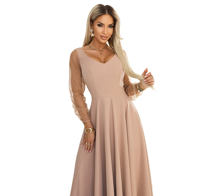 640-4 LORETTA jedinečné dlhé šaty s tylovými rukávmi a výstrihom - béžové 640-4 LORETTA jedinečné dlhé šaty s tylovými rukávmi a výstrihom - béžové