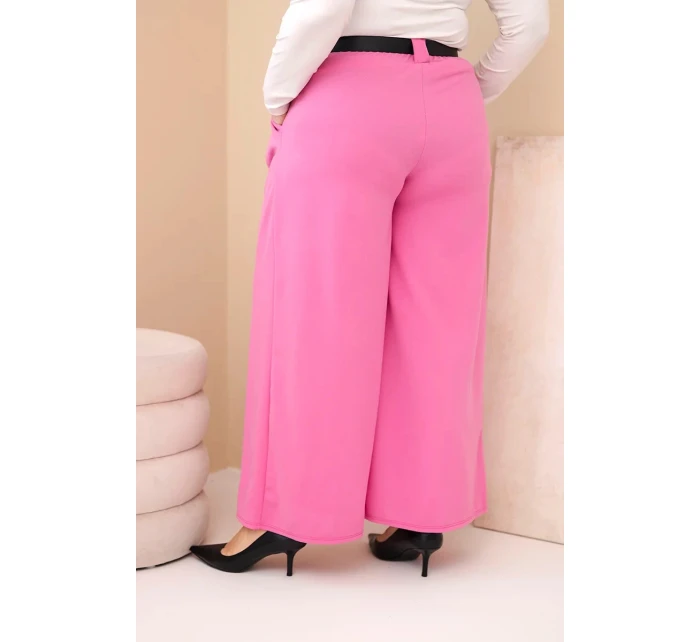 Plus veľkosť dámske široké nohavice z viskózy s opaskom ružová