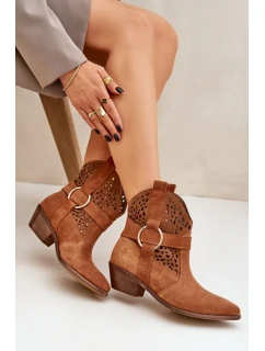 Semišové otvorené kovbojské topánky na podpätku Zazoo 2994 Camel