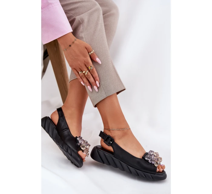 Skórzane Sandały Damskie Z Kryształkami Artiker 54C1628 Czarne